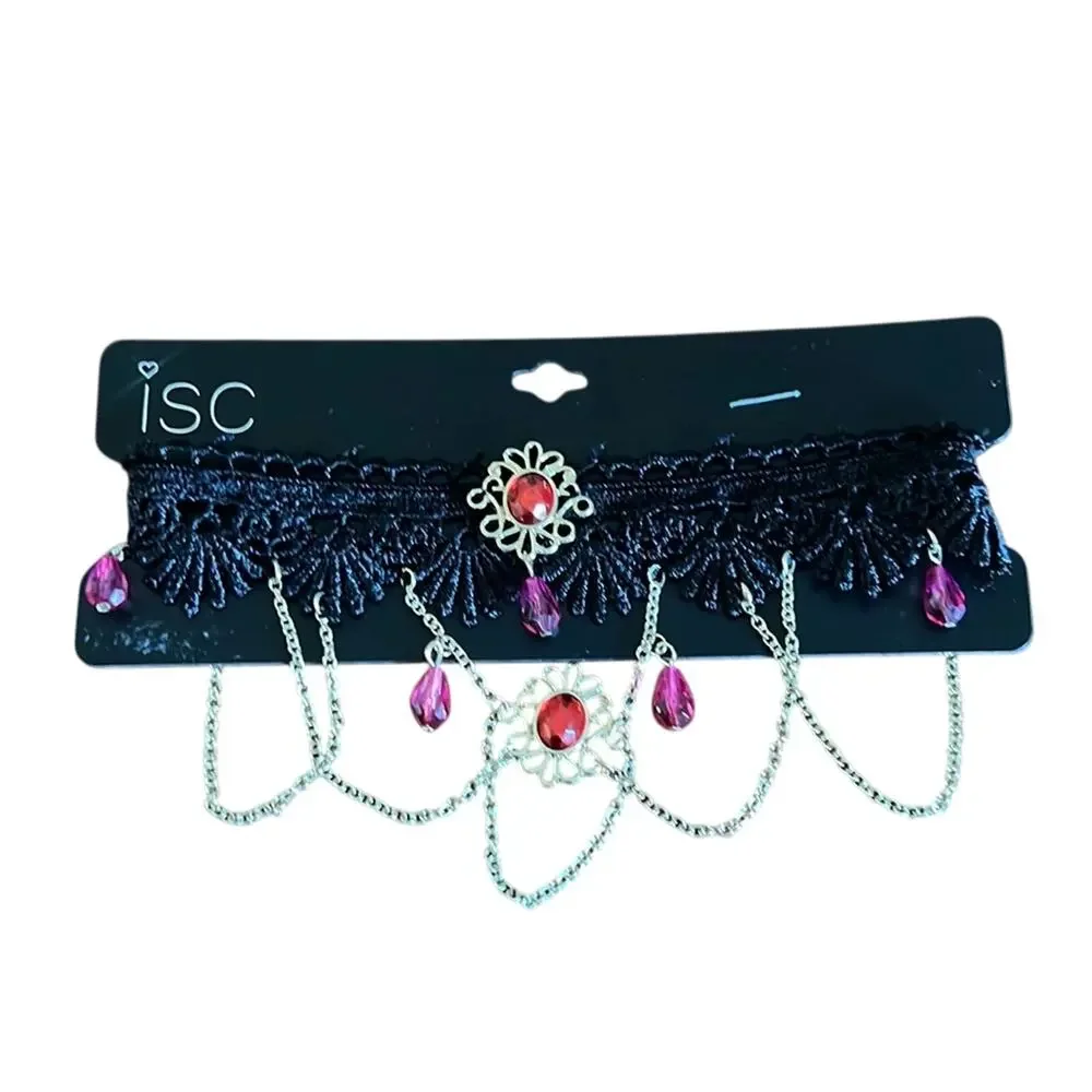 isc Black Lace Choker Necklace with Gold & Red Beads and Chains 3
